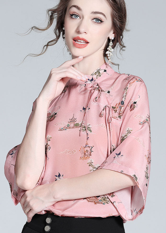 Chinese Style Pink Stand Collar Patchwork Print Silk Blouses Spring