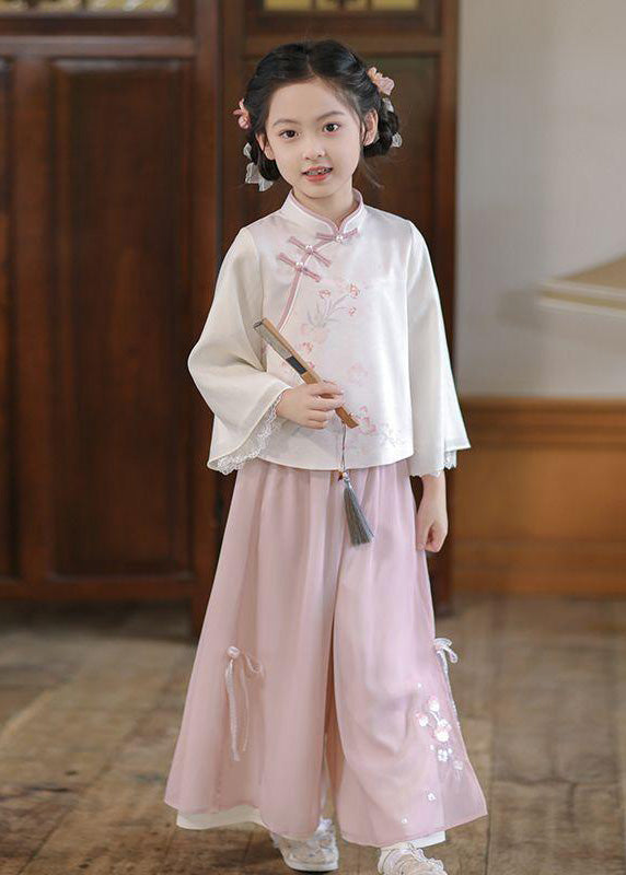 Chinese Style Pink Stand Collar Print Girls Shirts And Maxi Skirts Two Pieces Set Spring