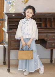 Chinese Style Pink Stand Collar Print Girls Shirts And Maxi Skirts Two Pieces Set Spring