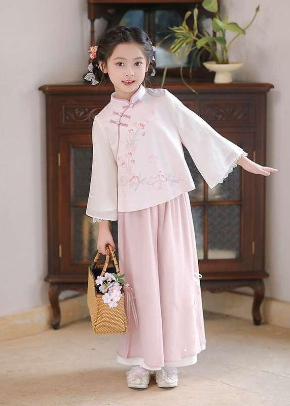 Chinese Style Pink Stand Collar Print Girls Shirts And Maxi Skirts Two Pieces Set Spring