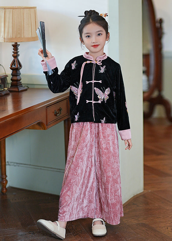 Chinese Style Pink Stand Collar Print Silk Velour Girls Coats And Pants Two Piece Set Spring