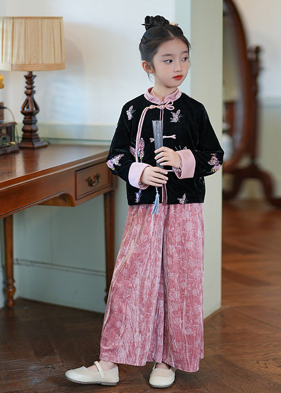 Chinese Style Pink Stand Collar Print Silk Velour Girls Coats And Pants Two Piece Set Spring