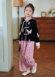 Chinese Style Pink Stand Collar Print Silk Velour Girls Coats And Pants Two Piece Set Spring