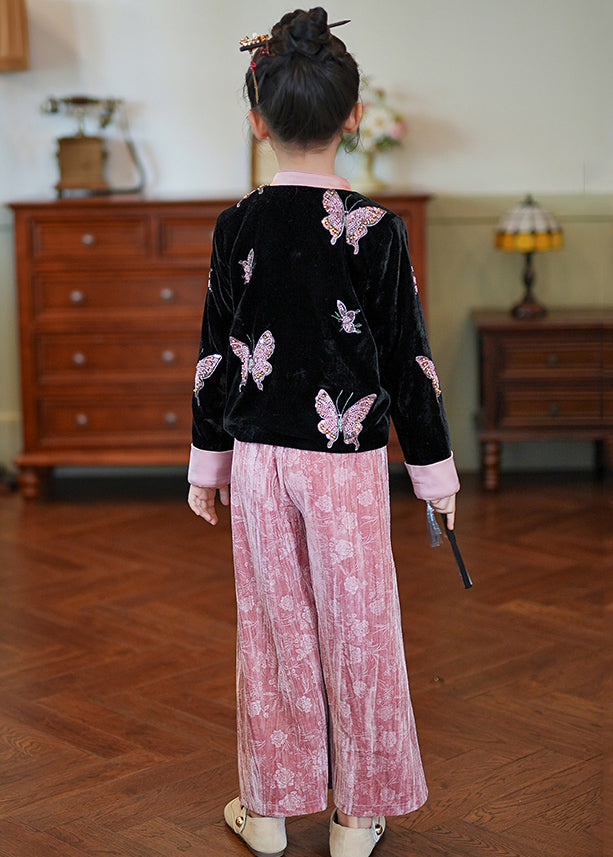 Chinese Style Pink Stand Collar Print Silk Velour Girls Coats And Pants Two Piece Set Spring