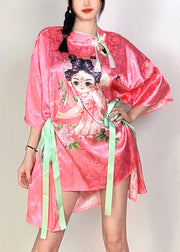 Chinese Style Pink Stand Collar Print Tie Waist Silk Top Summer