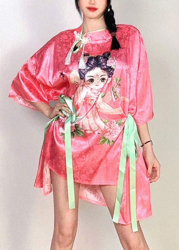 Chinese Style Pink Stand Collar Print Tie Waist Silk Top Summer