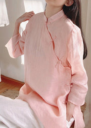 Chinese Style Pink Stand Collar Side Open Cotton Top Spring