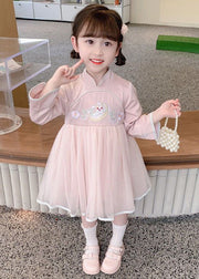 Chinese Style Pink Stand Collar Tulle Patchwork Girls Dresses Long Sleeve