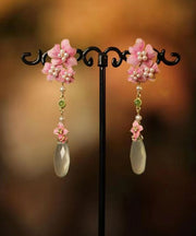 Chinese Style Pink Sterling Silver Overgild Floral Tassel Drop Earrings