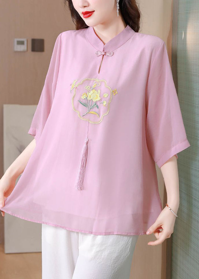 Chinese Style Pink Tasseled Embroidered Silk Blouse Top Half Sleeve