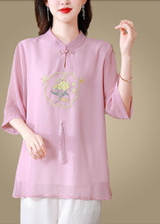 Chinese Style Pink Tasseled Embroidered Silk Blouse Top Half Sleeve
