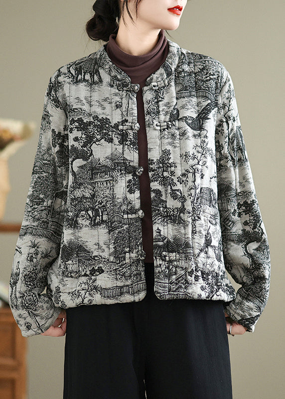 Chinese Style Print Oriental Button Fine Cotton Filled Coat Winter