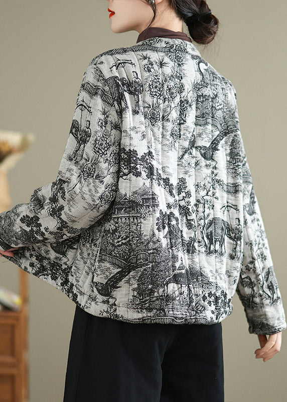 Chinese Style Print Oriental Button Fine Cotton Filled Coat Winter