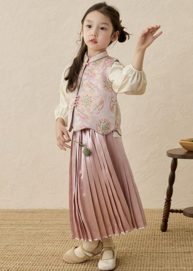 Chinese Style Print Stand Collar Print Kids Waistcoat Top And Maxi Skirts Three Pieces Set Spring