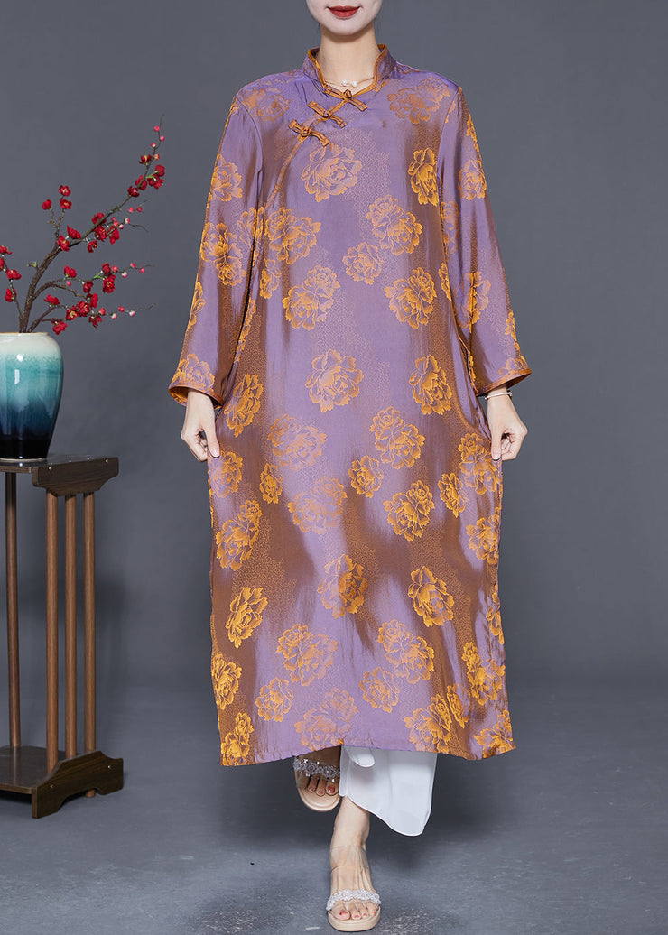 Chinese Style Purple Chinese Button Print Silk Dress Gown Summer