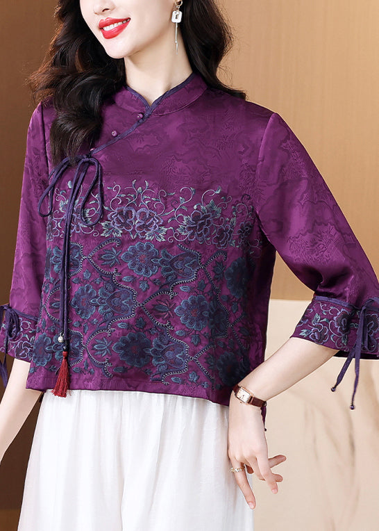 Chinese Style Purple Embroidered Lace Up Silk Shirt Spring