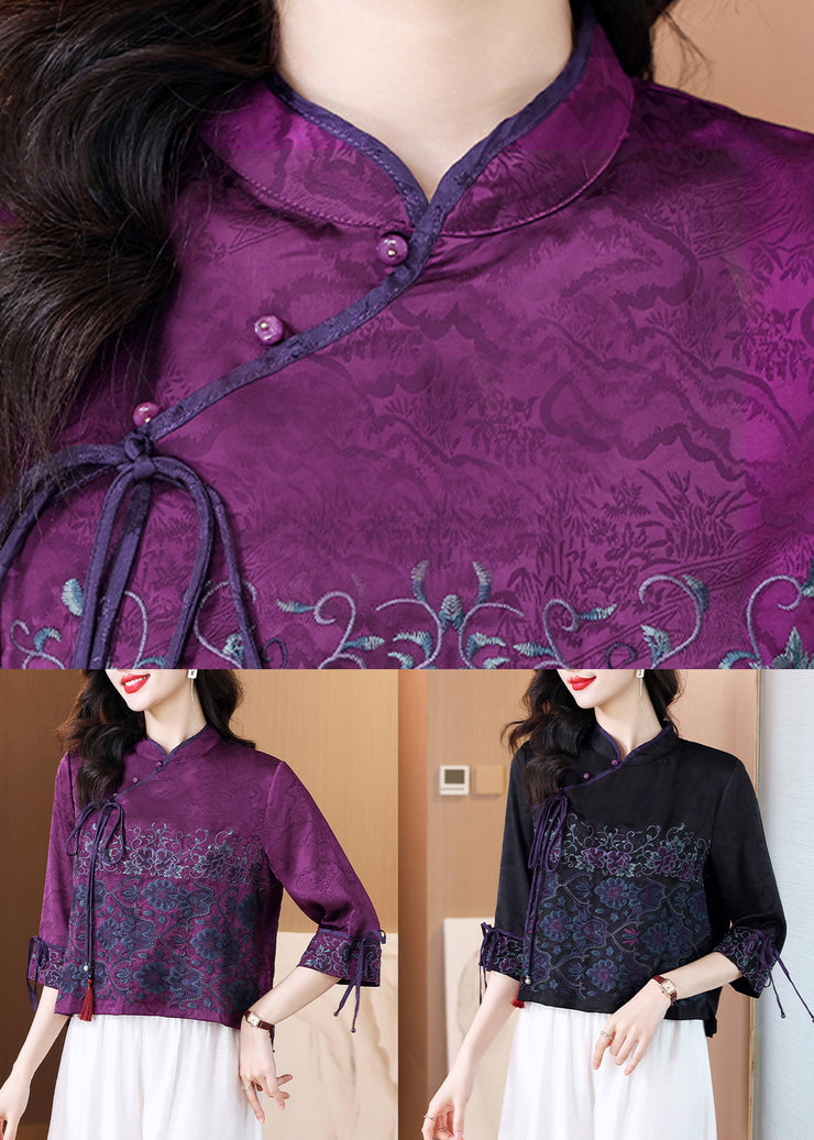 Chinese Style Purple Embroidered Lace Up Silk Shirt Spring