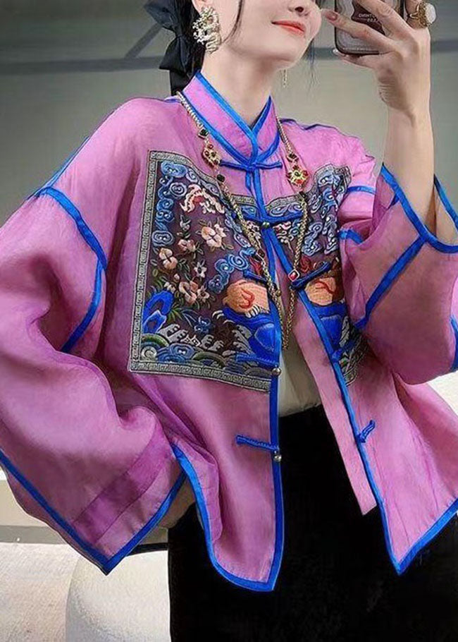 Chinese Style Purple Embroideried Patchwork Silk Tops Spring