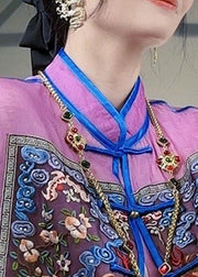 Chinese Style Purple Embroideried Patchwork Silk Tops Spring