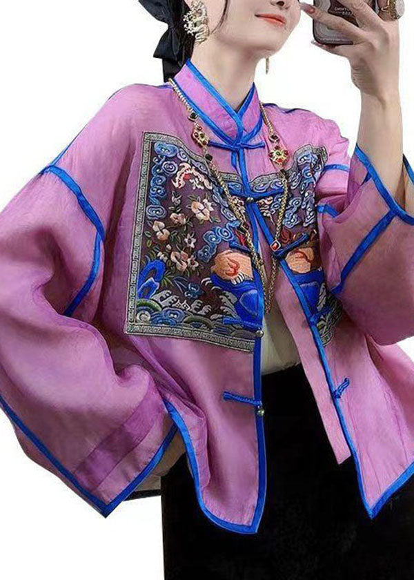 Chinese Style Purple Embroideried Patchwork Silk Tops Spring