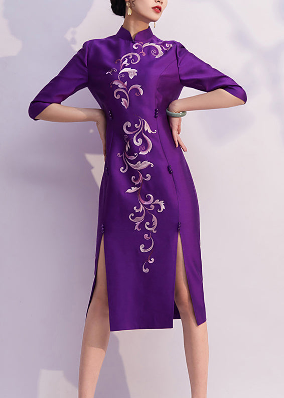 Chinese Style Purple Embroidered Side Open Silk Dresses Half Sleeve