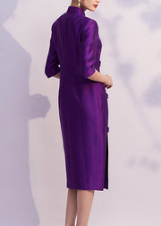 Chinese Style Purple Embroidered Side Open Silk Dresses Half Sleeve