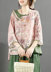 Chinese Style Purple O Neck Button Print Patchwork Linen Top Summer