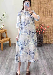 Chinese Style Purple Print Button Patchwork Linen Dresses Summer