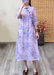 Chinese Style Purple Print Button Patchwork Linen Dresses Summer