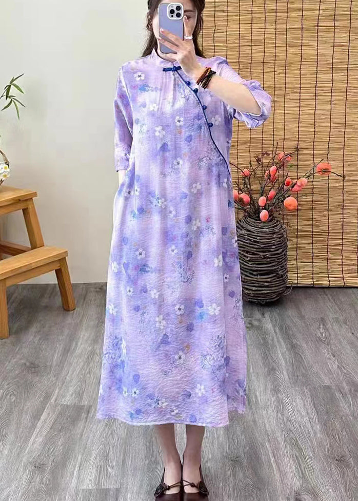 Chinese Style Purple Print Button Patchwork Linen Dresses Summer