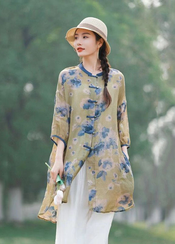 Chinese Style Purple Print Button Patchwork Mid Linen Shirts Summer