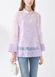 Chinese Style Purple Stand Collar Button Silk Two Pieces Set Long Sleeve