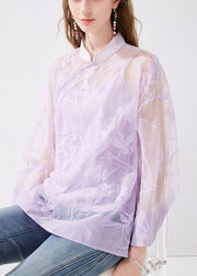 Chinese Style Purple Stand Collar Button Silk Two Pieces Set Long Sleeve