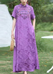 Chinese Style Purple Stand Collar Embroidered Silk Dress Summer