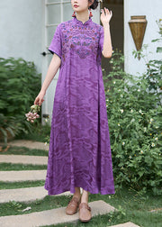 Chinese Style Purple Stand Collar Embroidered Silk Dress Summer