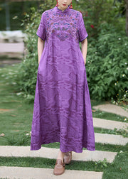 Chinese Style Purple Stand Collar Embroidered Silk Dress Summer