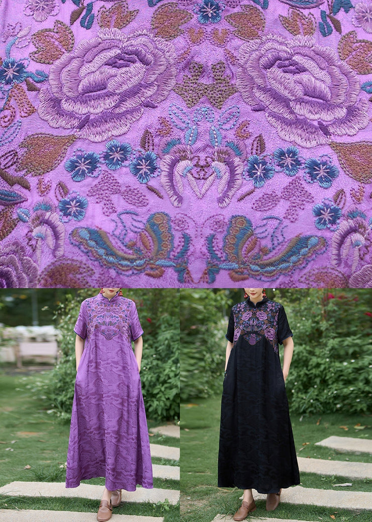 Chinese Style Purple Stand Collar Embroidered Silk Dress Summer