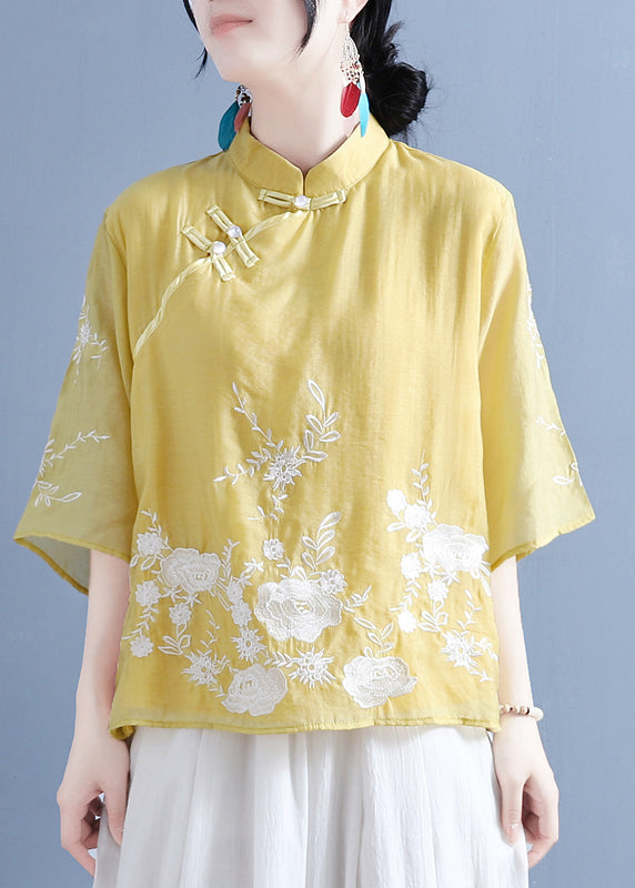 Chinese Style Purple Stand Collar Embroidered Button Silk Linen Shirt Bracelet Sleeve