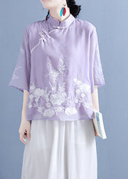 Chinese Style Purple Stand Collar Embroidered Button Silk Linen Shirt Bracelet Sleeve