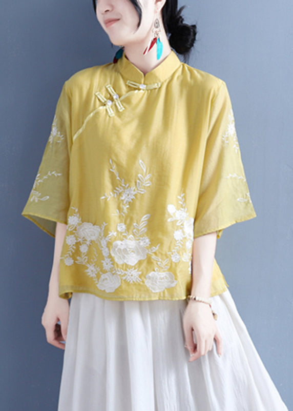 Chinese Style Purple Stand Collar Embroideried Button Silk Linen Shirt Bracelet Sleeve