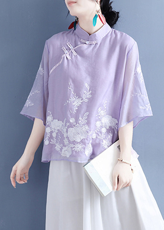 Chinese Style Purple Stand Collar Embroidered Button Silk Linen Shirt Bracelet Sleeve