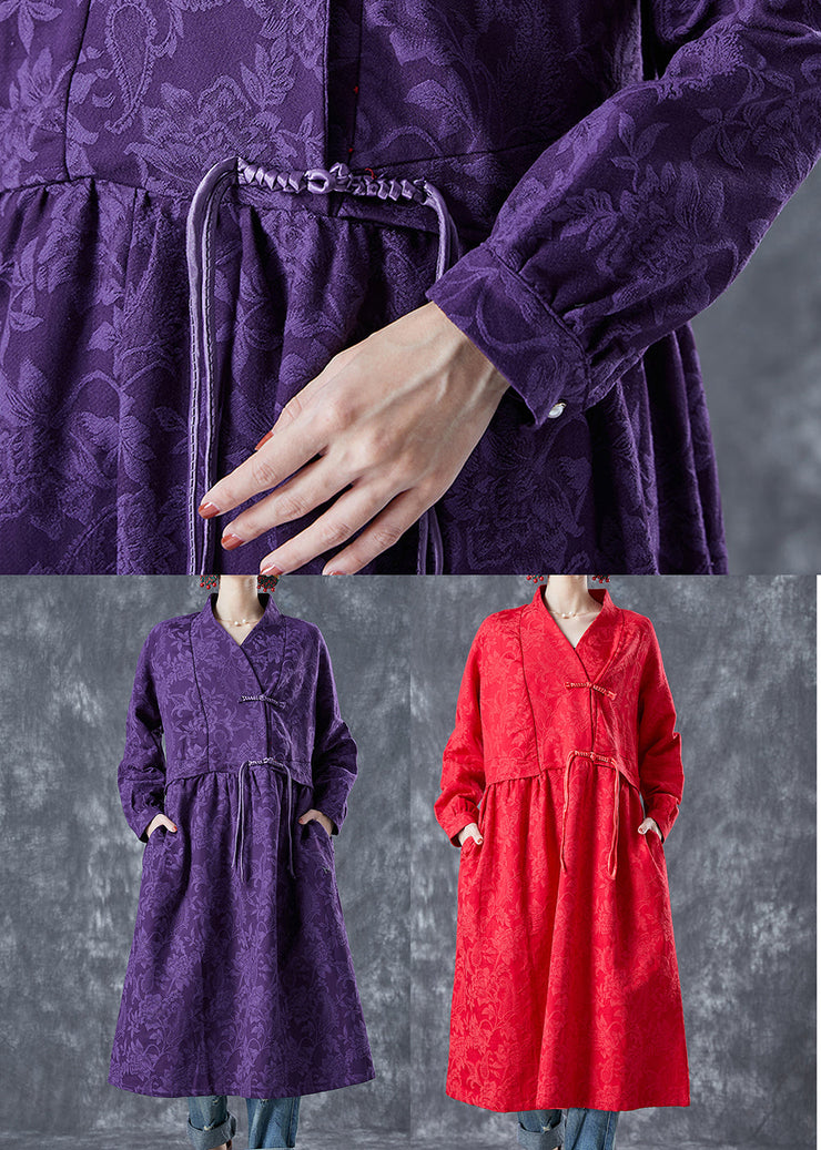 Chinese Style Purple Stand Collar Jacquard Linen Maxi Dresses Spring