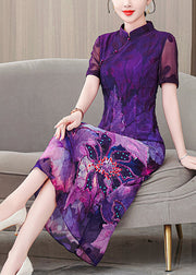 Chinese Style Purple Stand Collar Print Silk Dress Summer