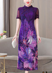 Chinese Style Purple Stand Collar Print Silk Dress Summer