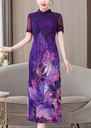 Chinese Style Purple Stand Collar Print Silk Dress Summer