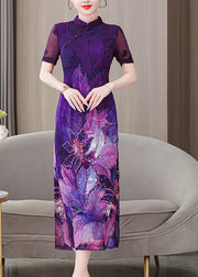 Chinese Style Purple Stand Collar Print Silk Dress Summer