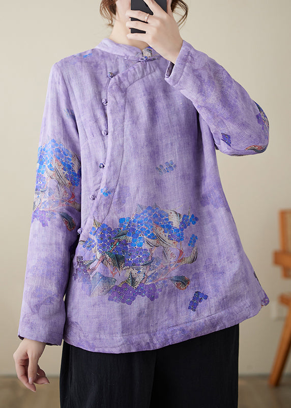 Chinese Style Purple Stand Collar Print Warm Fleece Top Winter