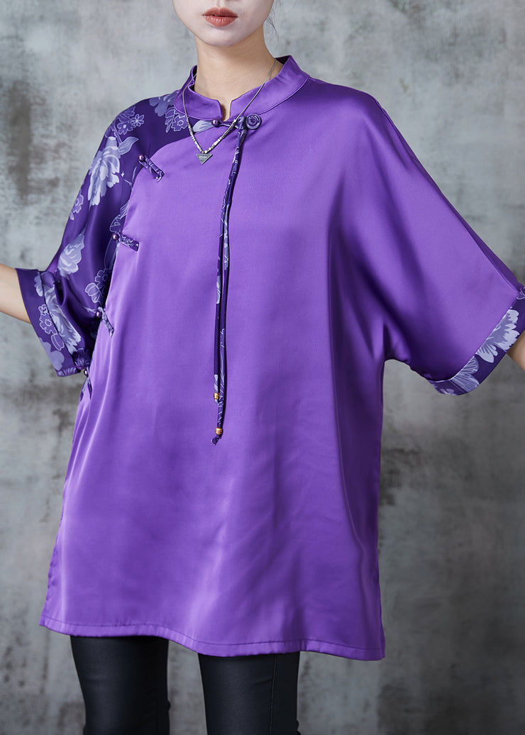 Chinese Style Purple Tasseled Patchwork Silk Shirt Summer