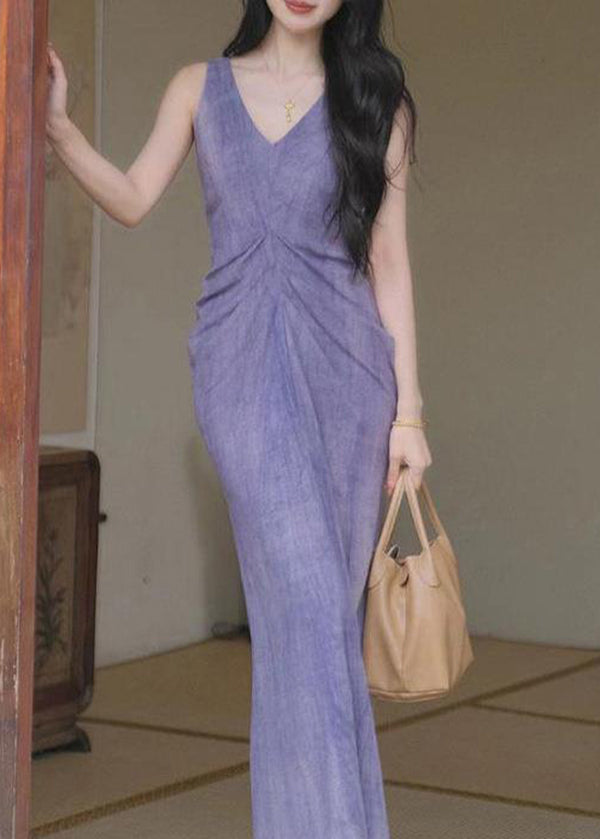 Chinese Style Purple V Neck Wrinkled Linen Long Dress Sleeveless