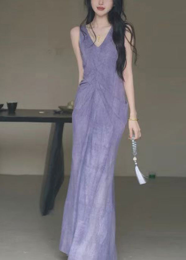 Chinese Style Purple V Neck Wrinkled Linen Long Dress Sleeveless
